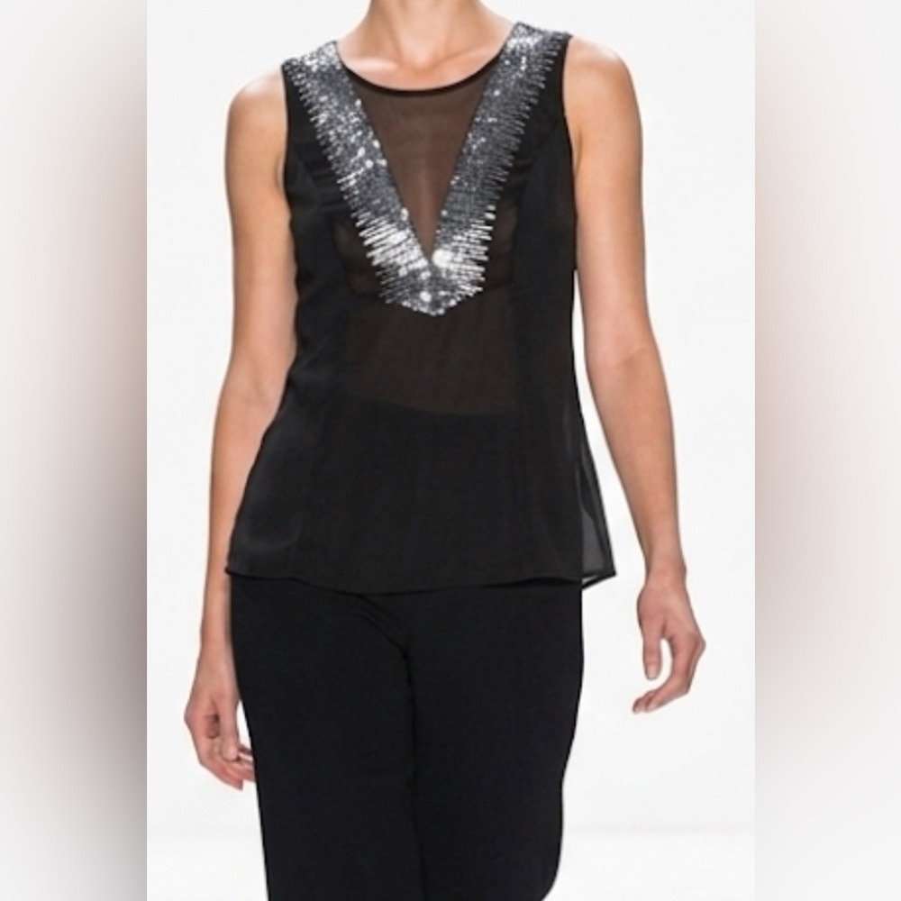 XOXO Womens Black Sequin Mesh Deep V-Neck Sleeveless Blouse Back Zip XL‎